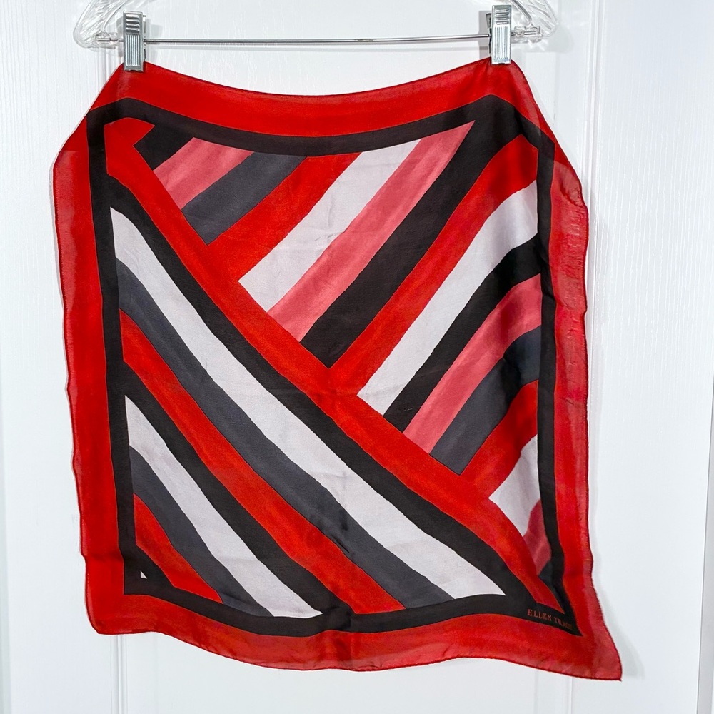 VTG Ellen Tracy SILK Diagonal Stripe Scarf 20” Square Red Pink Black White